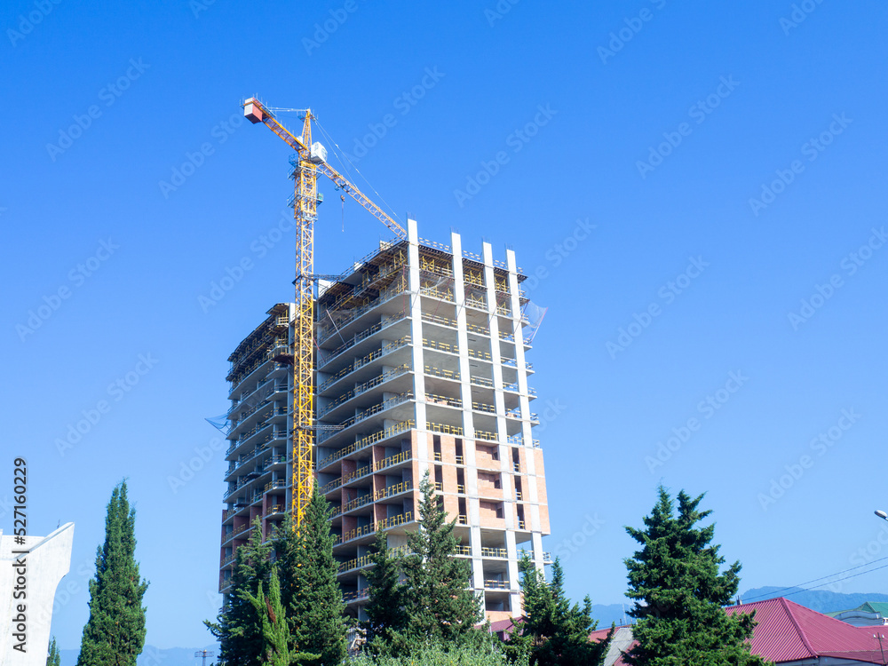 Crane and frame of a high concrete house. Construction works. Concrete construction. Skeleton at home. Crane and frame of a high concrete house. Construction works. Concrete construction. Skeleton at home.