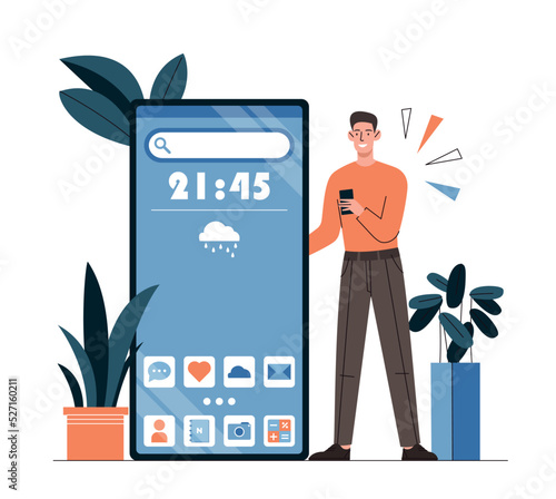 Man with smartphone. Guy looks at main screen of phone. Graphic elements, interface. People and gadgets. Devices and modern technologies, character check time. Cartoon flat vector illustration