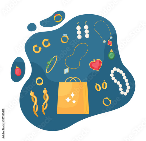 Selling jewelry set. Gold earrings, necklace and chains with crystals and diamonds. Luxury goods for rich, jewelry. Golden bracelet. Cartoon flat vector illustrations isolated on blue background