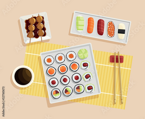 Sushi box on top view. Rolls and other dishes of traditional Chinese cuisine on tray. Asian food home delivery, delicious dinner. Rice and fish with sushi sticks. Cartoon flat vector illustration