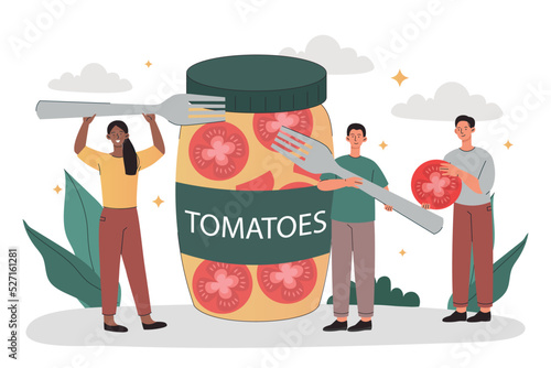 Canned tomatoes concept. Men and women with forks stand near jar of tomato slices. Delicious natural and organic products. Agriculture and harvest, vegetarian diet. Cartoon flat vector illustration