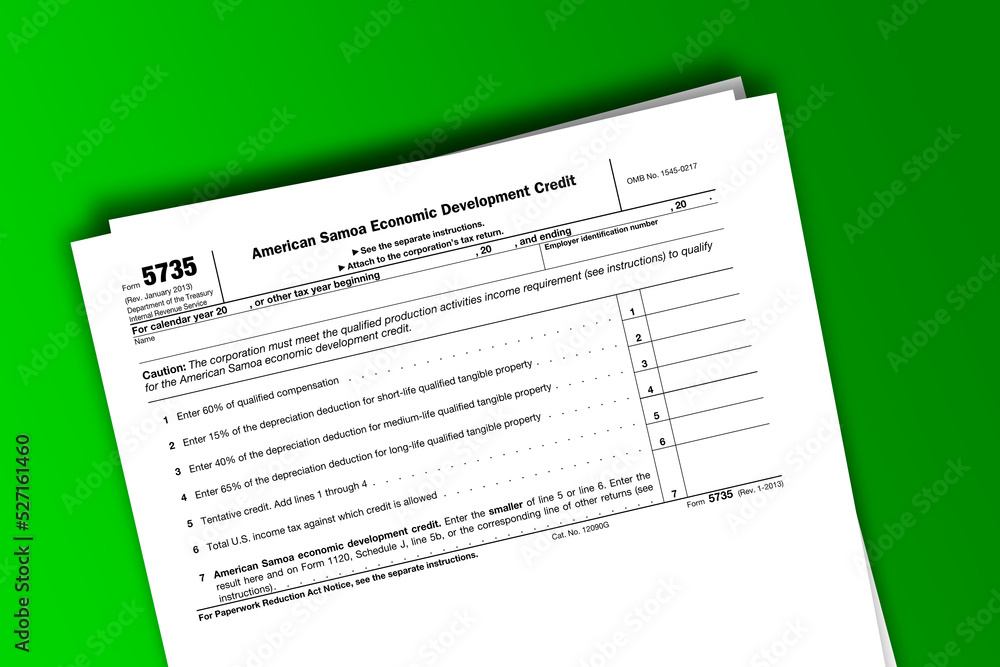 Form 5735 documentation published IRS USA 01.17.2013. American tax document on colored Form 5735 documentation published IRS USA 01.17.2013. American tax document on colored
