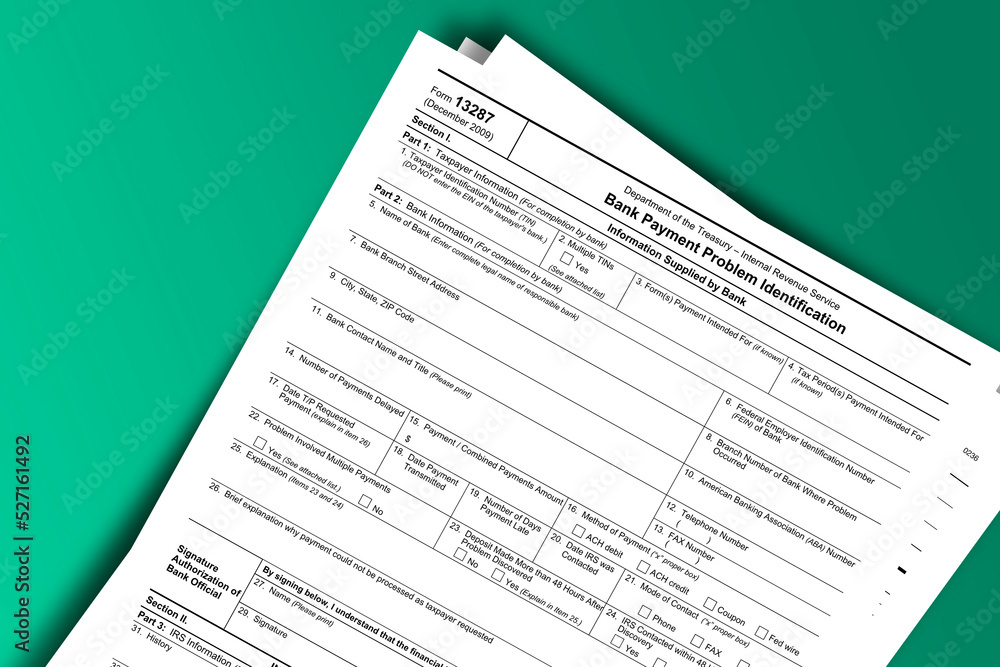 Form 13287 documentation published IRS USA 07.17.2012. American tax document on colored Form 13287 documentation published IRS USA 07.17.2012. American tax document on colored