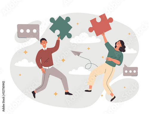 Man and woman with puzzles. Metaphor of collaboration and partnership. Employees working on same project. Workers perform task, colleagues brainstorming concept. Cartoon flat vector illustration
