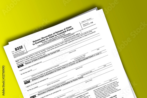 Form 8332 documentation published IRS USA 10.16.2018. American tax document on colored