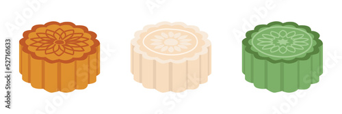 Set of whole mooncakes with different flavors and ingredient filling clipart. Baked, sticky rice, matcha green tea flavor mooncake vector design illustration. Mid-Autumn Festival moon cake