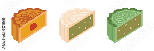 Set of one a half of mooncakes with different flavors and ingredient filling clipart. Baked, sticky rice, matcha green tea flavor mooncake vector design illustration. Mid-Autumn Festival moon cake