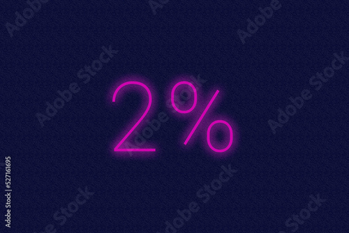 2% percent logo. two percent neon sign. Number two on dark purple background. 2d image