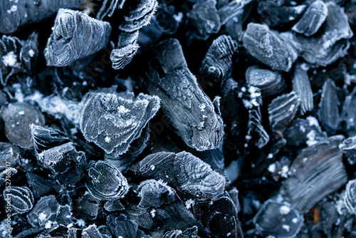 Coal in frost background.Heating with coal.Frozen coal texture.Heating season.First frosts and colds 