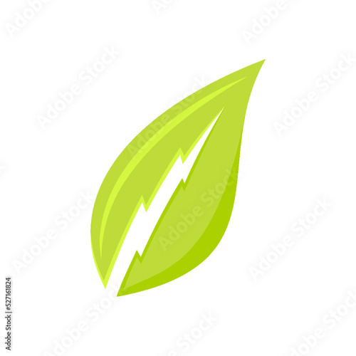 Green leaf lightning electricity natural flat. Renewable energy electric power careful consumption environmentally friendly business website logo business concept simple stylish isolated white