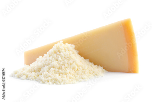 Whole and grated parmesan cheese on white background