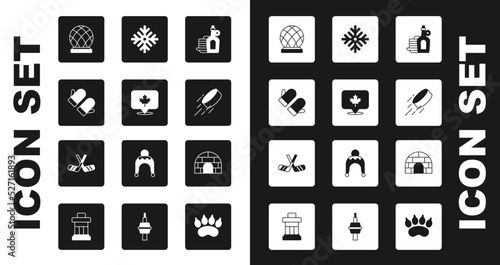 Set Syrup with pancakes, Canadian maple leaf, Christmas mitten, Montreal Biosphere, Hockey puck, Snowflake, Igloo ice house and Ice hockey sticks icon. Vector