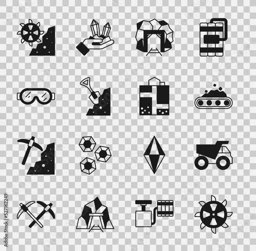 Set Bucket wheel excavator, Mining dump truck, Conveyor belt carrying coal, Mine entrance, Shovel and stone, Safety goggle glasses, and icon. Vector
