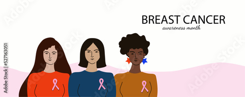 Breast cancer awareness month. Vector flat web horizontal banner. Diverse ethnic females group.