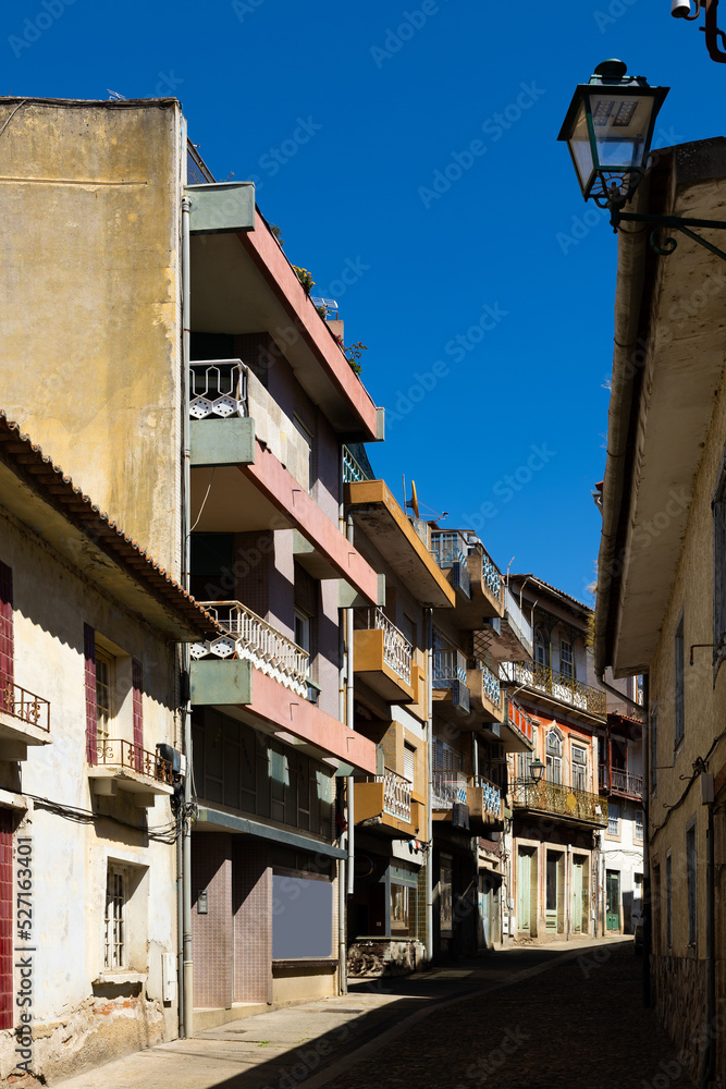 Picturesque view of old houses and streets of Mirandela town at sunny day, northeastern Portugal