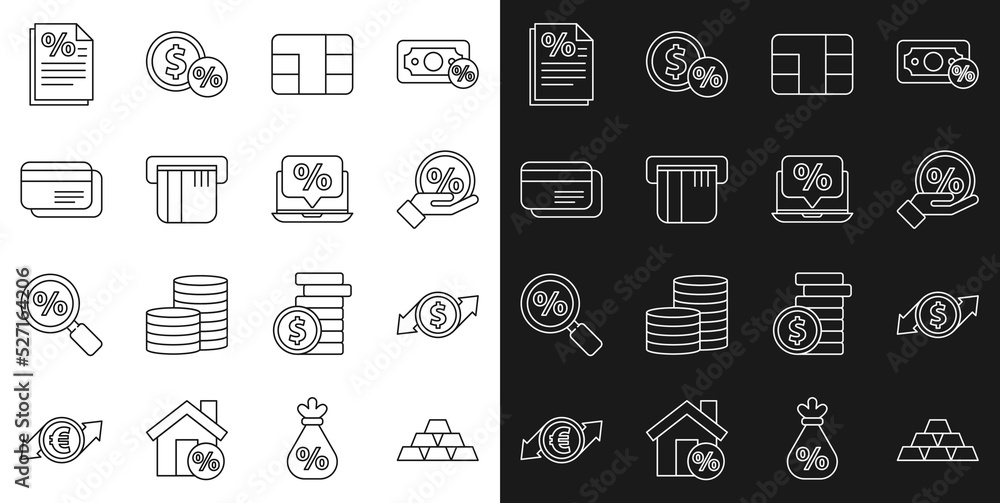Set line Gold bars, Financial growth and dollar, Discount percent tag, Credit card with chip, Finance document and Percent discount laptop icon. Vector Set line Gold bars, Financial growth and dollar, Discount percent tag, Credit card with chip, Finance document and Percent discount laptop icon. Vector