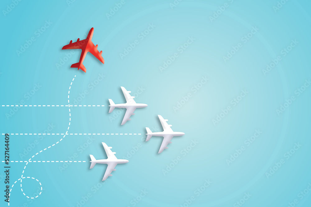 Red airplane changing direction from white on pastel blue background. New ideas. Different business concepts. Leadership or ambition. copy space for text. illustrations of 3d paper cut design style.