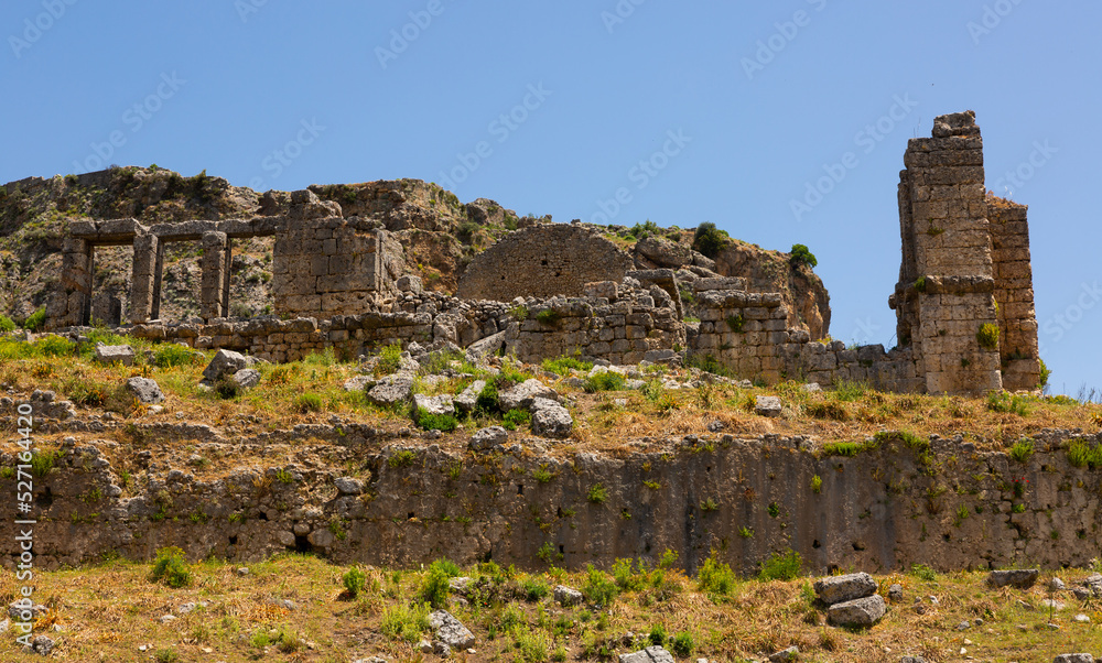 Picturesque view of ruins of Roman Baths of Sillyon ancient city, southern Turkiye