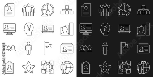 Set line Head hunting, Resume, Productive human, Time Management, with question mark, Monitor resume, and Laptop icon. Vector
