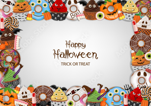 Halloween frame with sweets. halloween background with cakes and candies