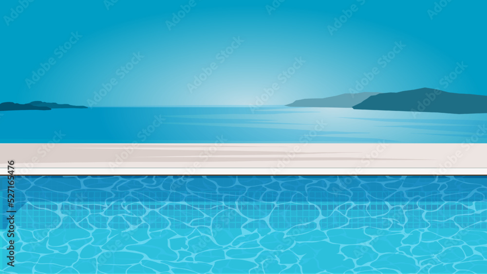 outdoor infinity pool at sunset. Vector illustration