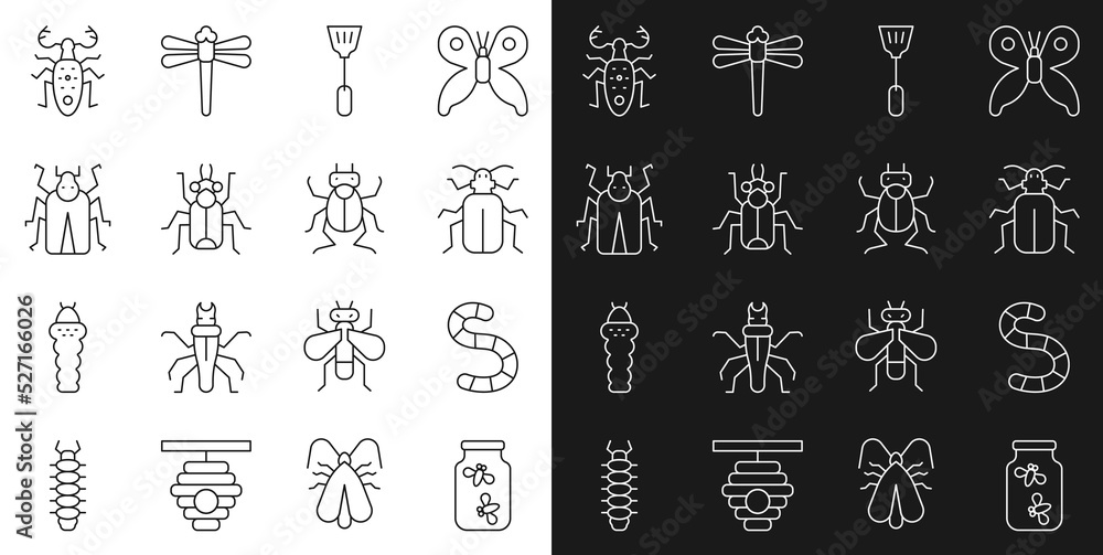 Set line Fireflies bugs in a jar, Worm, Chafer beetle, Fly swatter, Beetle, deer and icon. Vector Set line Fireflies bugs in a jar, Worm, Chafer beetle, Fly swatter, Beetle, deer and icon. Vector