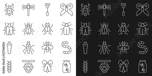 Set line Fireflies bugs in a jar  Worm  Chafer beetle  Fly swatter  Beetle  deer and icon. Vector