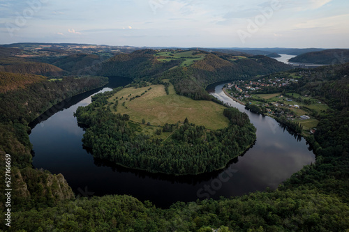 Early morning view of Vltava river canyon horseshoe shape meander from Solenice viewpoint. From bird view in river band Czech Republic.