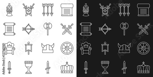 Set line King crown, Round wooden shield, Crossed medieval sword, arrows, Medieval bow and, Decree, parchment, scroll, iron helmet and axe icon. Vector