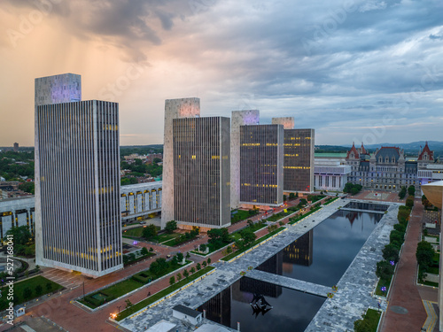 Obraz na płótnie Aerial view of Empire State Plaza with reflection pool, the Egg performing art center, New York State Capitol, Government buildings in Albany w salonie
