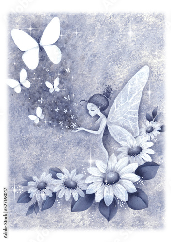 花と妖精と蝶　手描きイラスト　青