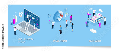 3D isometric Digital Marketing concept for business and social media marketing, mobile advertising, content marketing, Business analysis, content strategy, and management. Vector illustration eps10 © Sarawut