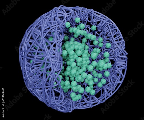 Polymeric nanoparticles (NPs) are nanoparticles can be loaded with active compounds entrapped within or surface-adsorbed onto the polymeric core 3d rendering