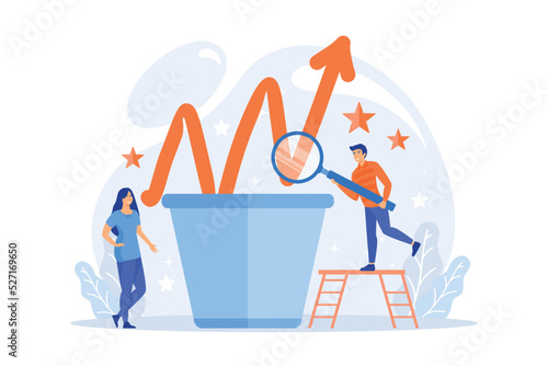 Business team work with growth chart in flower pot. Sustainable development and business growth, evolution and progress concept on white background.