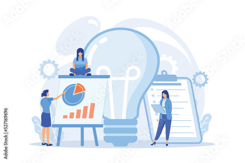 Business people analyzing and lightbulb. Competitive intelligence and environment, information and marketplace analysis concept on white background.