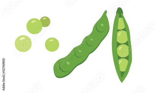 Simple green pea clipart vector illustration isolated on white background. Pod of green peas flat cartoon style. Green peas sign icon. Organic food, vegetables and restaurant concept