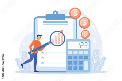Audit service assistance. Financial report, bookkeeping analysis, company finances management. Financier making corporate expenses assessment. flat vector modern illustration