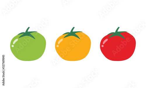 Set of simple red  green  yellow tomato clipart vector illustration isolated on white background. Fresh tomatoes cartoon style. Ripe tomato sign icon. Organic food  vegetables and restaurant concept