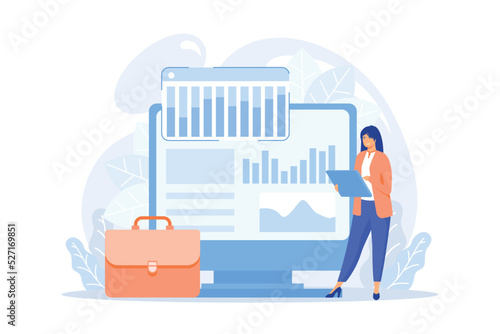 Stocktaking process. Financial operation. Tax reporting, managementt software, enterprise program. Woman doing bookkeeping and auditing cartoon character.