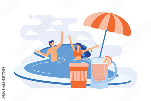 Pool party. Couple of people swimming in pool. Summer beach party with refreshing alcoholic cocktails. Swimwear, entertainment, poolside.