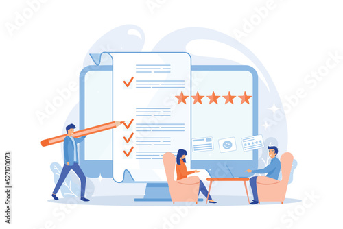 Employment service, recruitment agency. Candidate sourcing, HR interview. Employee evaluation, assessment form and report, performance review concept.
