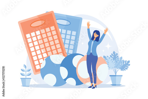 Excited woman won jackpot, gambler playing lotto. Gambling game, bingo cards, lottery balls. Fortunate girl, lucky winner, victory chance. flat vector modern illustration