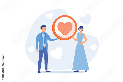 Young girlfriend and boyfriend in love. Modern romance, relationship status, internet flirt. Couple holding like symbol, heart sign together. flat vector modern illustration