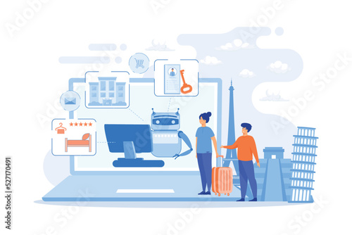 Online hotel booking system. Smart hospitality industry, autonomous robots for business. Concierge robot, artificial intelligence in tourism concept. flat vector modern illustration