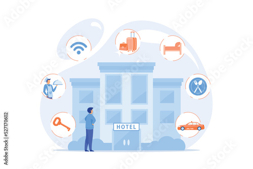 Luxurious inn, accommodation booking. Free wifi, room cleaning. Hospitality management, hotels business processes, hotel management system concept. flat vector modern illustration