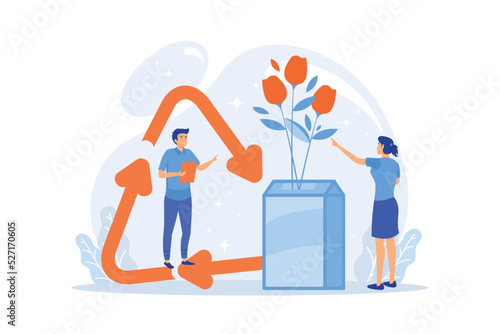 Business people reuse milk carton as vase creatively and upcycling symbol. Upcycling, creative reuse method, ecology recycling trend concept. flat vector modern illustration