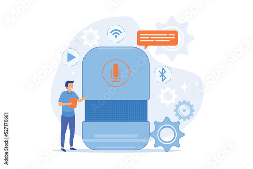 User with voice controlled smart speaker or voice assistant. Voice activated digital assistants, home automation hub, internet of things concept. flat vector modern illustration