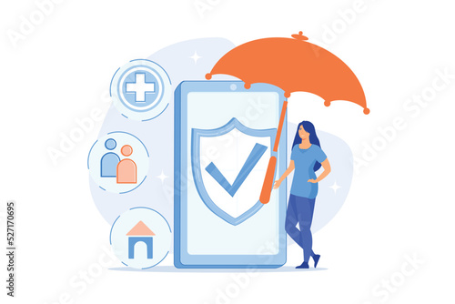 Customer getting insurance coverage and protection using smartphone. On-demand insurance, online policy, personalized isurance service concept. flat vector modern illustration