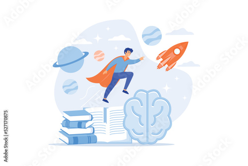 Open book, brain and user flying in space among planets. Imagination and vision, creative thinking, ideas and fantasy, motivation and inspiration concept. flat vector modern illustration