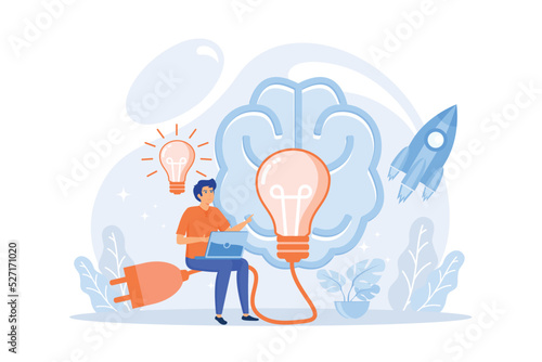 A man in workplace with laptop, big light bulb, rocket and human brain. Idea, start up launching, business success, brainstorm concept, pinkish coral blue palette. flat vector modern illustration